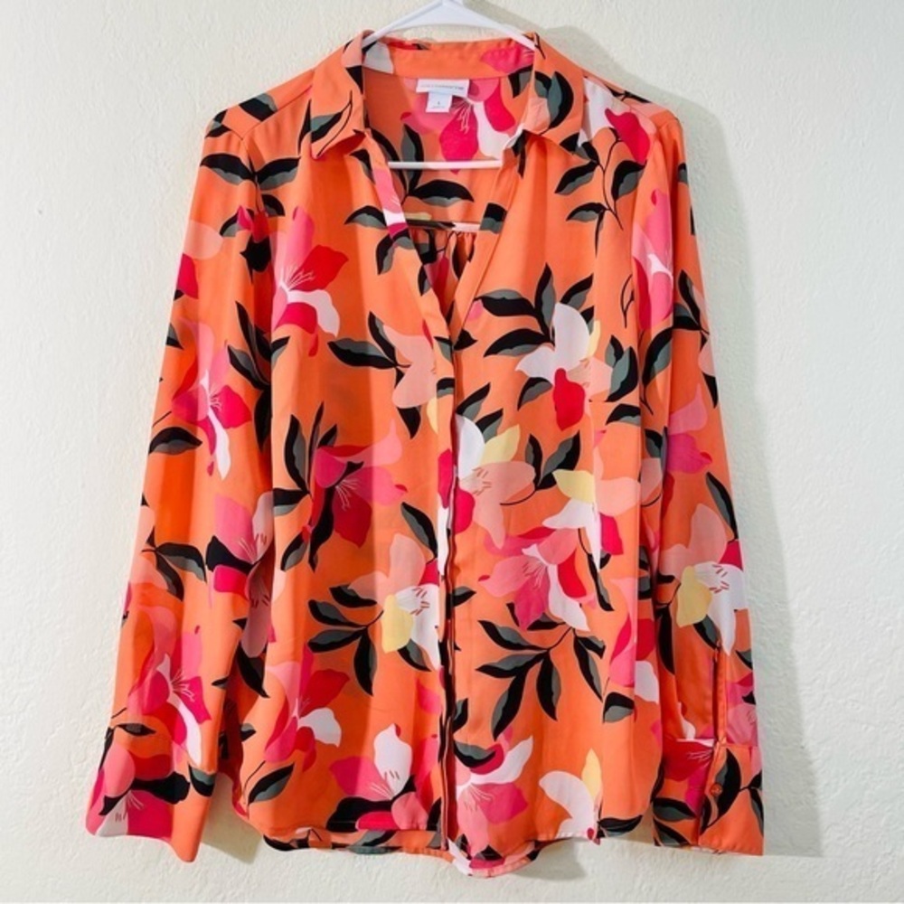 Liz Claiborne Floral Long Sleeve Button Down Shirt Women Size Large Orange/Red
